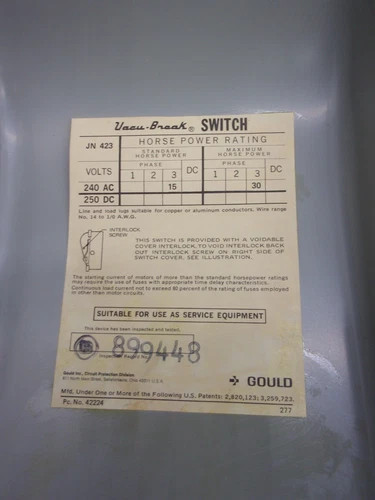 Gould ITE Vacu-Break JN423 Fusible Safety Switch, 3P, 100A, 240V, NEMA 1 — product image 3 of 9