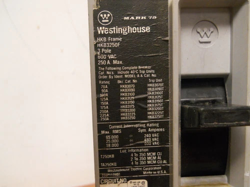 Westinghouse HKB3250F Molded Case Circuit Breaker, 250A Frame, 600V, 3-Pole with HKB3150T 150A Trip Unit — product image 2 of 5