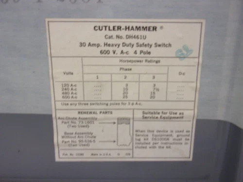 Cutler-Hammer DH461U Heavy Duty Safety Switch 30A 600V 4-Pole Non-Fusible NEMA 1 — product image 3 of 8