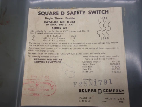 Square D H361 Fusible Heavy Duty Safety Switch, 30A, 600V, 3-Pole, NEMA 1 — product image 2 of 8