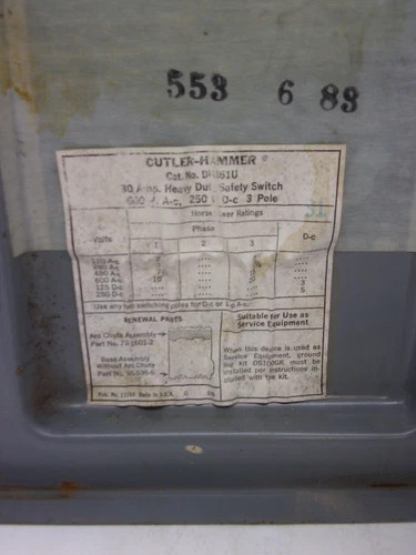 Cutler-Hammer DU361U Heavy Duty Safety Switch 30A 600V 3P Non-Fusible NEMA 1 — product image 3 of 8