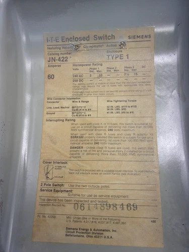 ITE JF422 Fusible Safety Switch, 3-Pole, 60A, 240V, NEMA 1 — product image 3 of 9