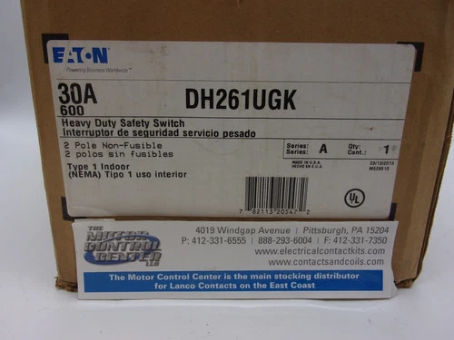 Eaton DH261UGK Heavy Duty Safety Switch 30A 600V 2P Non-Fusible NEMA 1 — primary product image