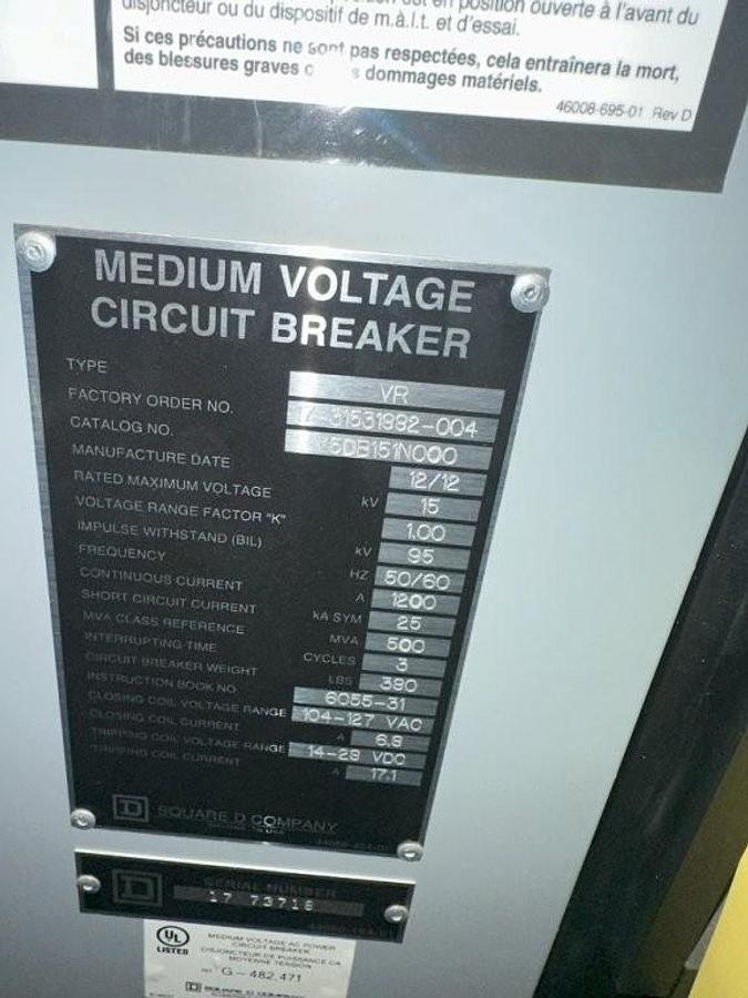 Square D HVL/cc 15kV Load Current Interrupter Switchgear Lineup for 28MVA Power Generation — product image 3 of 5