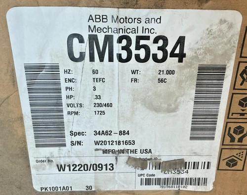 Baldor Reliance CM3534 Electric Motor 0.33 HP 1725 RPM 3-Phase TEFC 56C Frame — product image 2 of 5