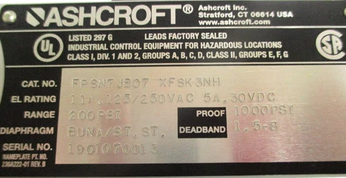 Ashcroft FPSN7JB07-XFSK3NH Pressure Switch 200 PSI with Crouse-Hinds EAB-3/4" Explosion-Proof Conduit — product image 4 of 4