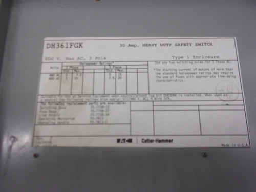 Cutler-Hammer DH361FGK Heavy Duty Safety Switch, 30A, 600V, 3-Pole, Fusible, NEMA 1 — product image 2 of 9