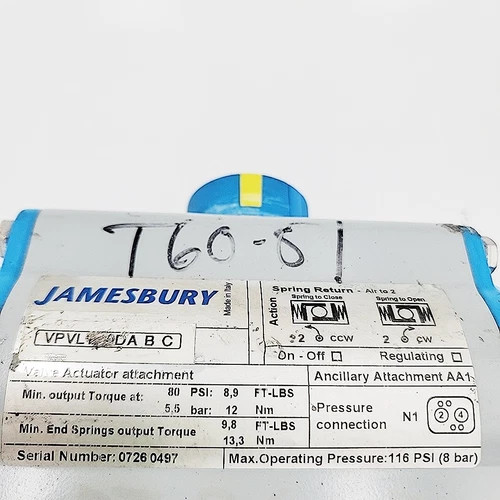 Jamesbury 1" Class 150 Ball Valve 7150313600XTZ2 with VPVL100 DA B C Pneumatic Actuator — product image 5 of 5