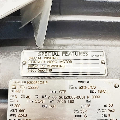 Nidec US Motors Hostile Duty NEMA Premium 200 HP Electric Motor - Model 6313-J/C3 — product image 4 of 6