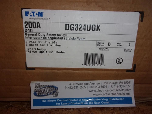 Eaton DG324UGK General Duty Safety Switch 200A 240V Non-Fusible NEMA 1 Indoor — primary product image