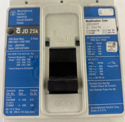 Westinghouse JD3250F 3-Pole 250 Amp Thermal Magnetic Circuit Breaker — product image 5 of 7