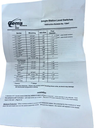 GEMS Sensors LS-1900 Stainless Steel Single-Point Level Switch P/N 01907 — product image 4 of 4