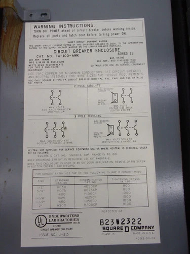 Square D Enclosed Circuit Breaker FA-100-AWK Series E1 — product image 3 of 7