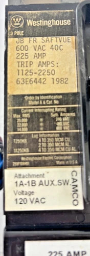 Westinghouse JB3225 225A 600V 3-Pole Thermal Magnetic Circuit Breaker with Shunt Trip and Auxiliary Switch — product image 2 of 6