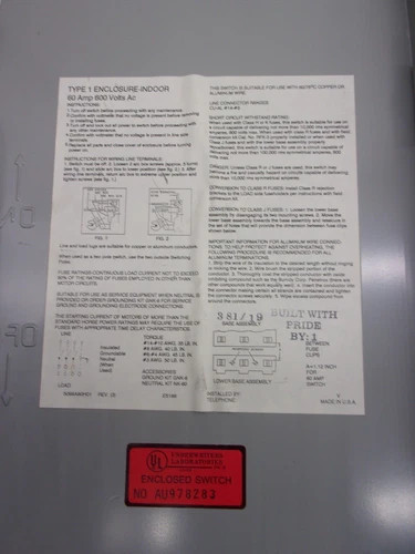 Westinghouse HFN362 Heavy Duty Safety Switch, 60A, 600V, 3-Pole, Fusible, NEMA 1 — product image 3 of 8
