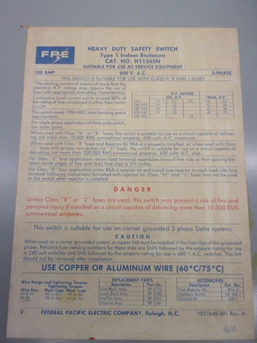 Federal Pacific H1136SN Heavy Duty Fusible Safety Switch — product image 3 of 9