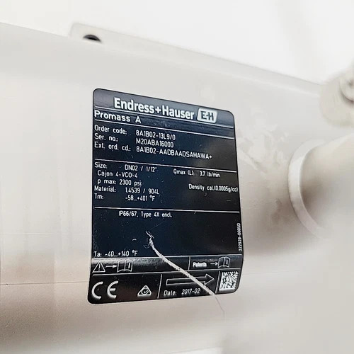 Endress+Hauser Promass A 100 Coriolis Mass Flow Meter 8A1B02-13L9/0 — product image 10 of 14