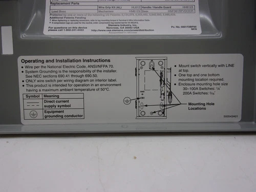 Siemens Heavy Duty Non-Fusible Solar Safety Disconnect Switch HNF361RPV — product image 7 of 8