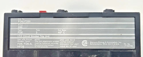 Siemens FD63T200 200A 3-Pole Circuit Breaker Trip Unit — product image 2 of 7
