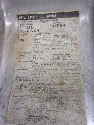 ITE F321SS Heavy Duty Enclosed Fusible Safety Switch 30A 240V 3P NEMA 4 Stainless Steel — product image 4 of 8