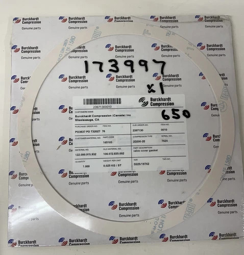 Burckhardt Compression Valve Cover Gasket 165103 for Sulzer 2D200-2E Compressor
