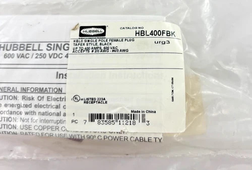 Hubbell HBL400FBK Single Pole Female Plug, 400A, Taper Nose, Black — product image 3 of 4