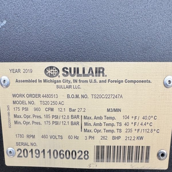 Sullair TS20C-250 Duplex Skid-Mounted Rotary Screw Air Compressor Package — product image 3 of 4