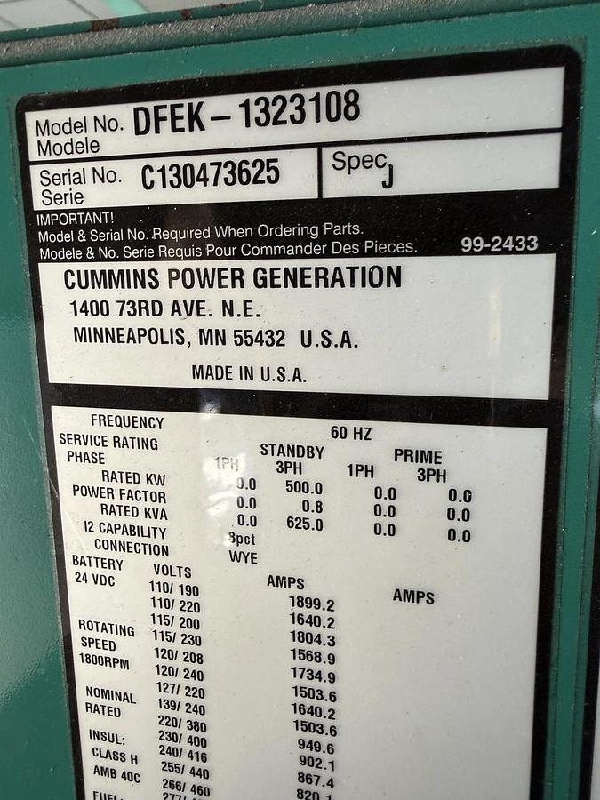 Cummins DFEK 500kW Standby / 455kW Prime Sound Attenuated Diesel Generator Set — product image 3 of 10