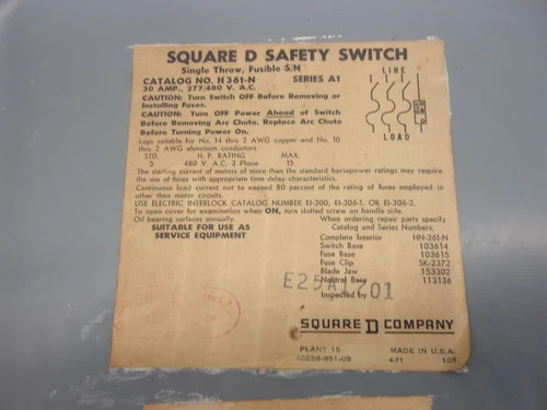 Square D H361N Heavy Duty Safety Switch, 30A, 600V, 3-Pole, Fusible, NEMA 1 — product image 2 of 9