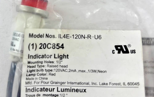 Grainger 20C854 Red Neon Indicator Light, 120VAC, 1/2" Mounting Hole — product image 3 of 3