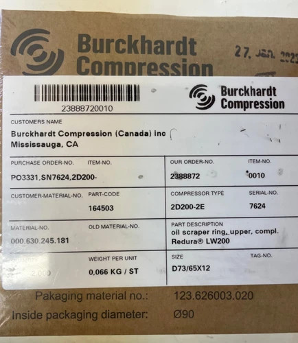Burckhardt Compression Redura LW200 Oil Scraper Ring 164503 for Sulzer 2D200-2E Compressor