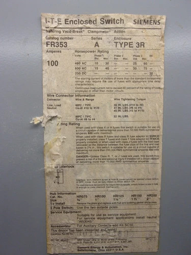 Siemens I-T-E FR353 Heavy Duty Safety Switch 100A 600V 3P Non-Fusible NEMA 3R — product image 2 of 8