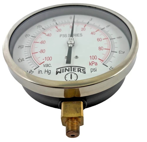 Winters P3S Series Pressure Gauge P3S6076, 6" Dial, 1/4" NPT Bottom Connection, -30 inHg to 100 psi/kPa — product image 2 of 4