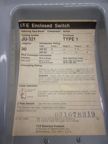 ITE JU321 Heavy Duty Safety Switch, 30A, 240V, 3 Pole, Non-Fusible, NEMA 1 — product image 3 of 8