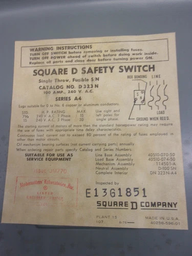 Square D D323N Fusible Heavy Duty Safety Switch, 100A, 240V, 3-Pole, NEMA 1 — product image 2 of 8