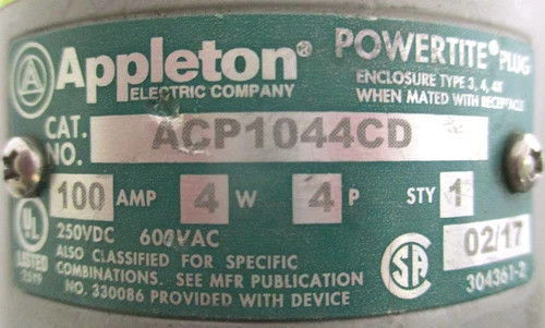 Appleton Powertite Electrical Plug ACP1044CD 100A 4W 4P — product image 9 of 9