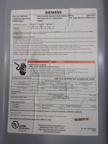 Siemens GNF323 Non-Fusible General Duty Safety Switch, 100A, 240V, 3-Pole, NEMA 1 — product image 3 of 7