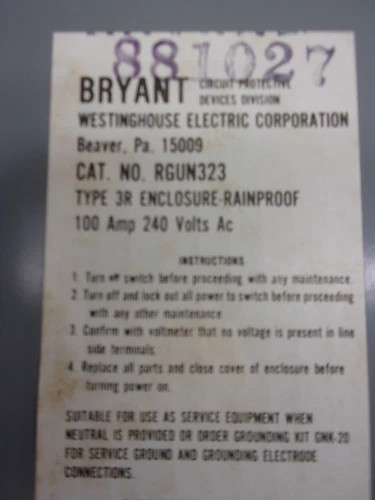 Westinghouse RGUN323 General Duty Safety Switch 100A 240V 3P Non-Fusible NEMA 3R — product image 4 of 9