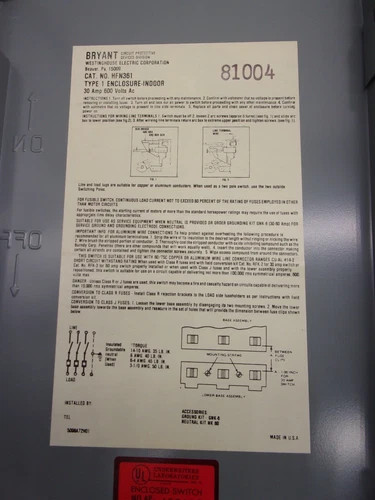 Westinghouse HFN361 Heavy Duty Safety Switch, 3P, Fusible, 30A, 600V, NEMA 1 Indoor — product image 3 of 9