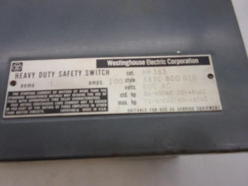 Westinghouse HF363 Heavy Duty Safety Switch, 100A, 600V, 3-Pole, Fusible, NEMA 1 — product image 2 of 7