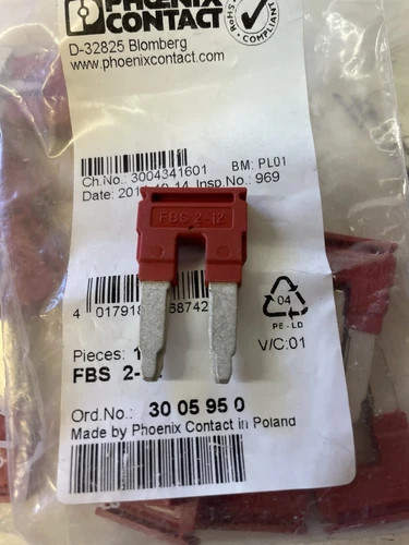 Phoenix Contact FBS 2-12 Plug-in Bridge, 2-Position, Red, Part No. 3005950 (Lot of 20 Pieces) — primary product image