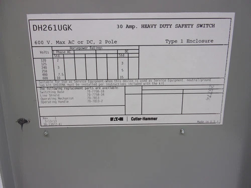 Eaton DH261UGK Heavy Duty Safety Switch 30A 600V 2P Non-Fusible NEMA 1 — product image 6 of 8