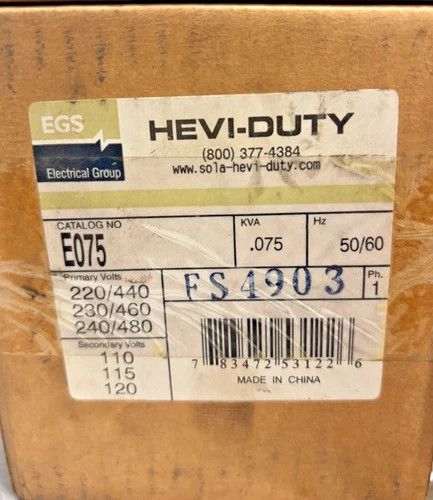 EGS Hevi-Duty E075 Industrial Control Transformer 75VA — product image 6 of 6