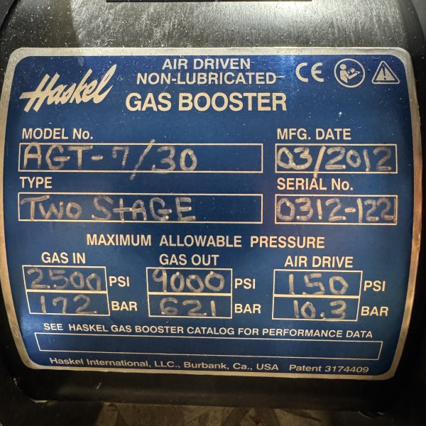 Haskel AGT-7/30 Air-Driven Two-Stage Gas Booster — product image 2 of 2