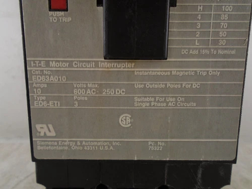Siemens ITE ED63A010 Type ED6-ETI 3 Pole 10A 600 VAC Motor Circuit Interrupter — product image 2 of 8