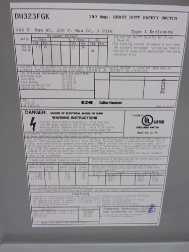 Eaton DH323FGK Heavy Duty Safety Switch 100A 3-Pole Fusible — product image 6 of 8