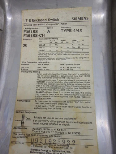 Siemens I-T-E F351SS Heavy Duty Safety Switch, 30A, 600V, 3-Pole, Fusible, NEMA 4/4X Stainless Steel Enclosure — product image 3 of 9