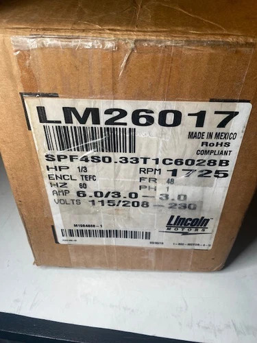 Lincoln Motors SPF4S0.33T1C6028B 1/3 HP Single-Phase AC Electric Motor — primary product image