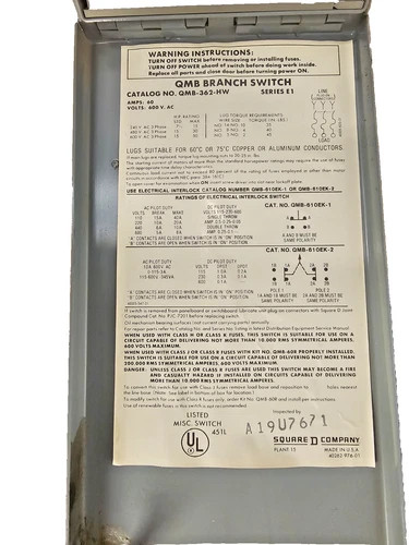 Square D QMB-362-HW Series E1 Fusible Panelboard Switch — product image 10 of 10
