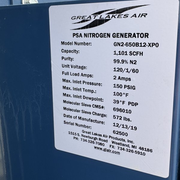Great Lakes Air GN2-650B12-XPO PSA Nitrogen Generator — product image 2 of 2